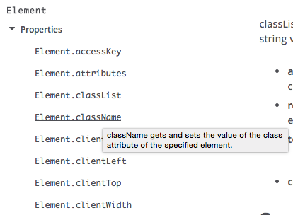 Screenshot of MDN element properties class name